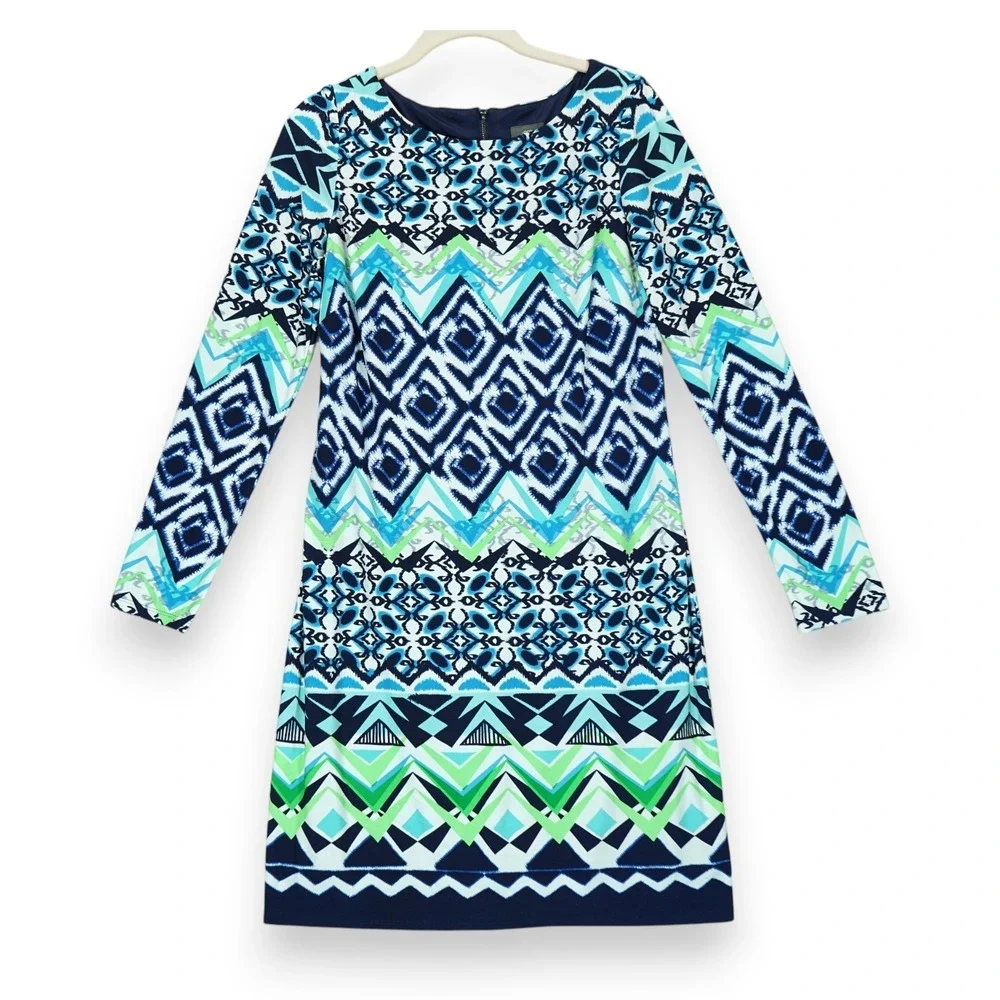 Vince Camuto Shift Dress Geometric‎ Pattern Long Sleeve Zip Up Size 6 MSRP $128